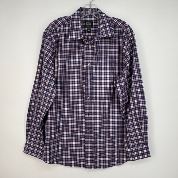Jos. A Bank Mens Large Button Up Shirt Purple Pink Plaid Tailored Fit Traveler - Picture 1 of 8